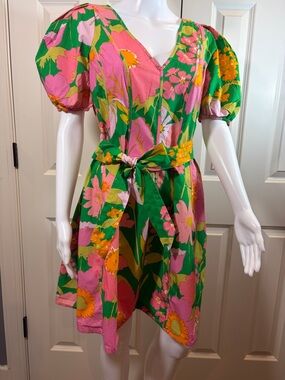 Floral Puff-Sleeve Mini Dress in Pink & Green